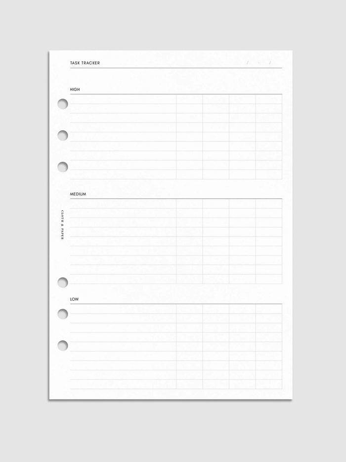 Digital mockup of the Kanban Task Tracker Planner Inserts showing sections for high, medium, and low priority tasks. Size shown is A5.