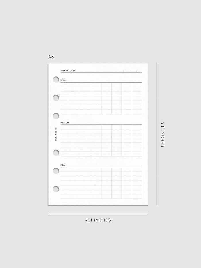 Digital mockup of the Kanban Task Tracker Planner Inserts showing sections for high, medium, and low priority tasks. Size shown is A6.
