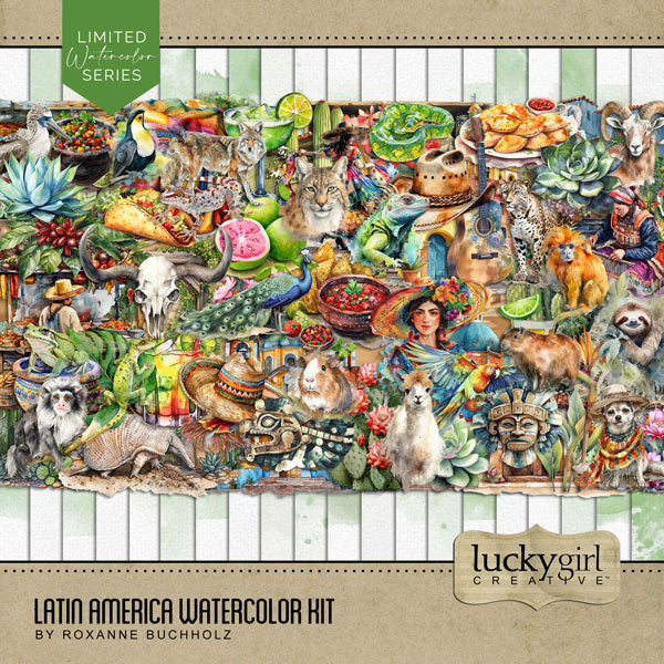 Add these beautiful watercolor embellishments and papers by Lucky Girl Creative digital art to all your digital scrapbooking pages to easily create memorable Latin American pages and albums of travel to Latin America! Great for vacations to Mexico, Belize, Costa Rica, El Salvador, Guatemala, Honduras, Nicaragua, Panama, Brazil, Argentina, Bolivia, Chile, Colombia, Ecuador, Guyana, Paraguay, Peru, Suriname, Uruguay, Venezuela, Cuba, Dominical Republic, Haiti, the Caribbean, South America, and more.