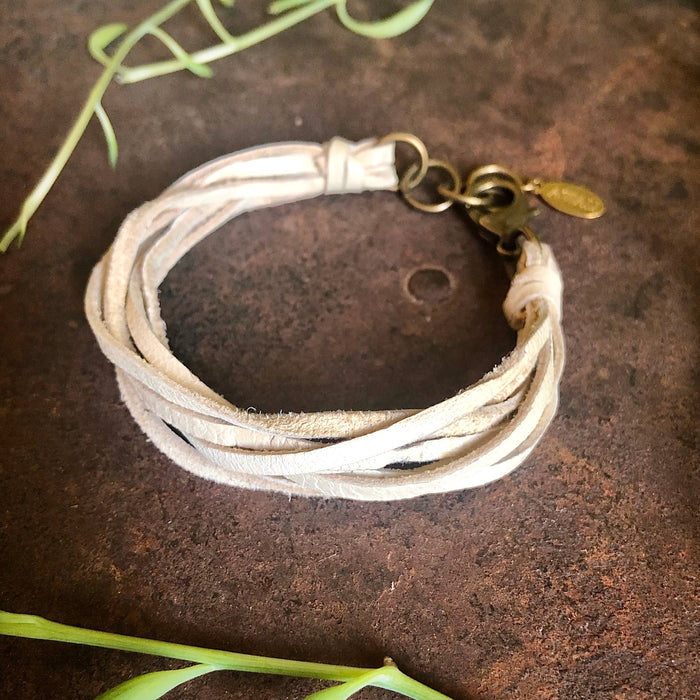 Leather 7-Strand Bracelet-Cream & Brass, Boho Western