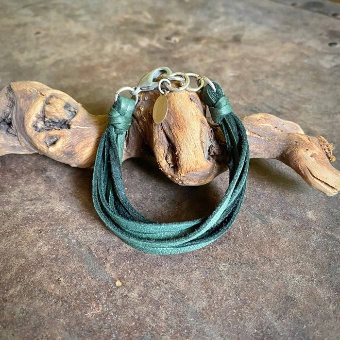 Leather 7-Strand Bracelet-Hunter Green & Silver, Western