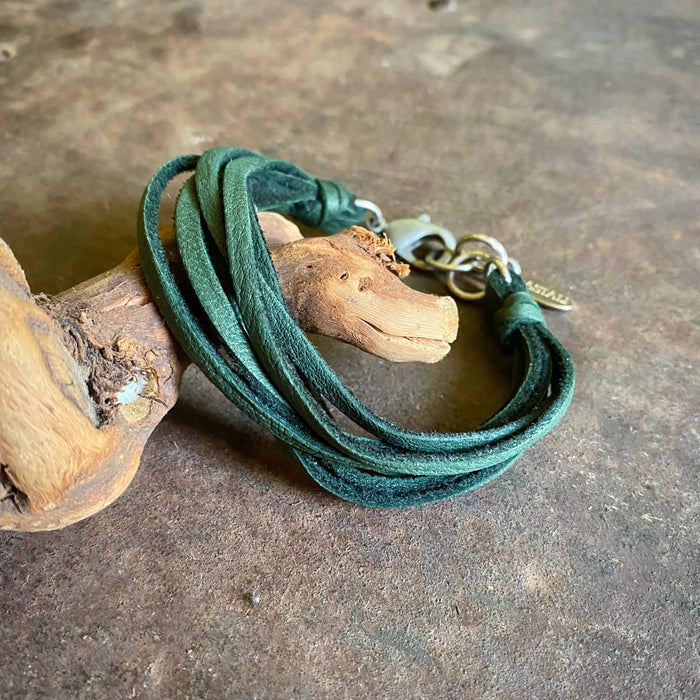 Leather 7-Strand Bracelet-Hunter Green & Silver, Western