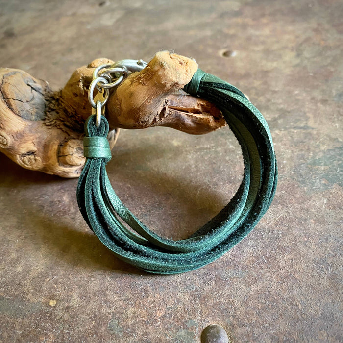 Leather 7-Strand Bracelet-Hunter Green & Silver, Western
