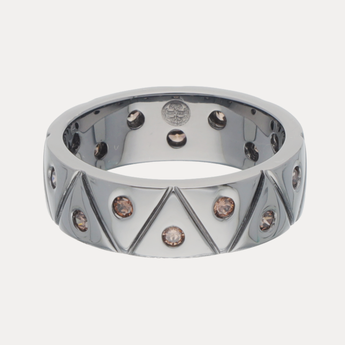 a silver ring with diamonds