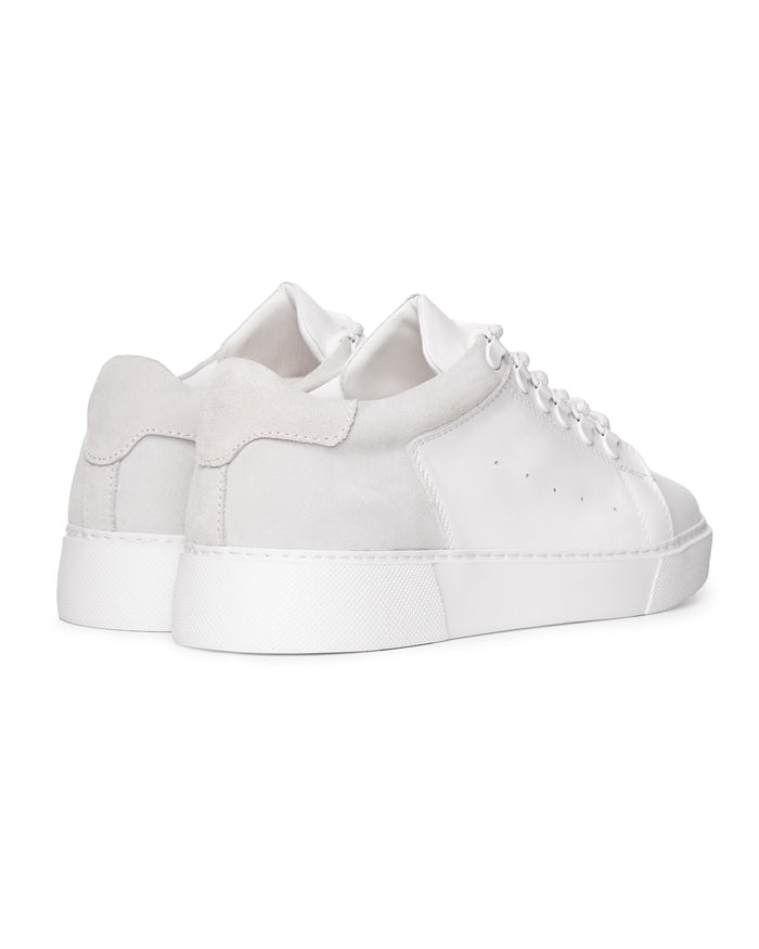 Martin Valen men's white leather sneakers, rear view showing suede heel detail and thick platform sole
