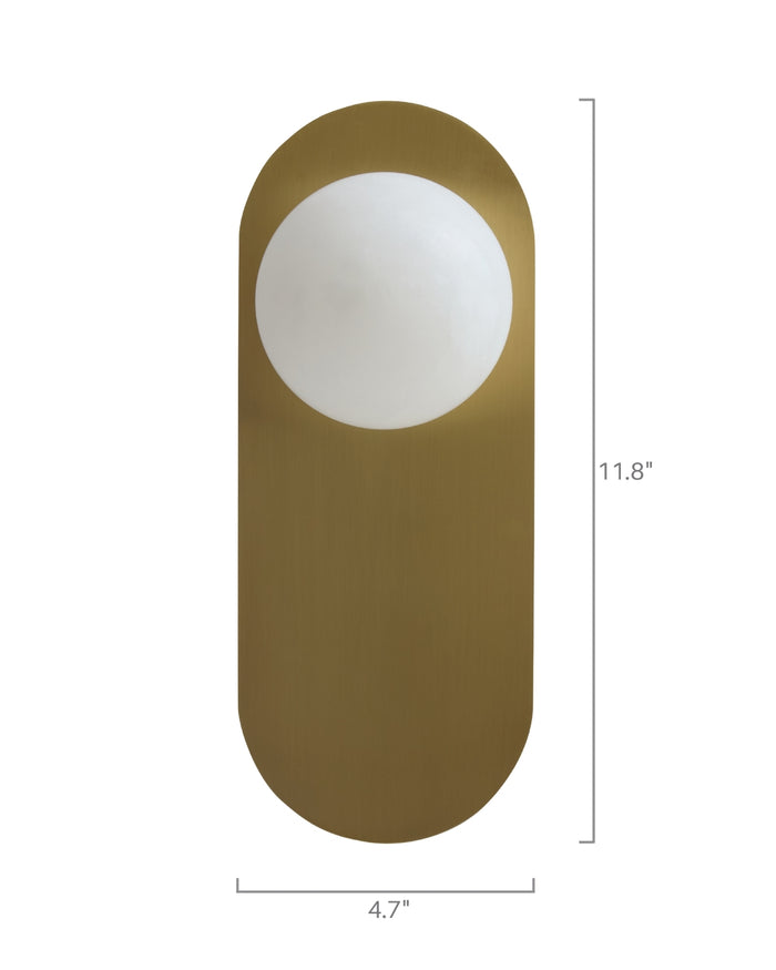 Milan wall sconce with brushed brass backplate and round opaque white glass globe, shown with dimensions 4.7 inches wide and 11.8 inches high.