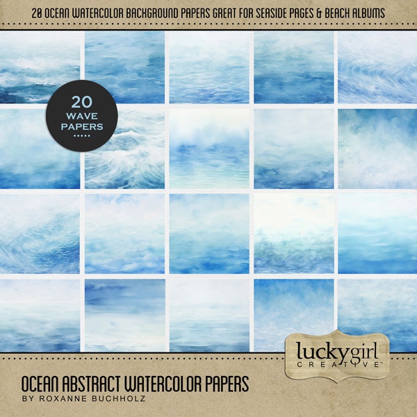 Capture all your beach and ocean activities with these beautiful watercolor wave and ripple background papers by Lucky Girl Creative digital art. Great for layering on beach, ocean, sea, pool, travel, sailing, and vacation pages! This digital scrapbooking kit is included in the Ocean Watercolor Bundle.