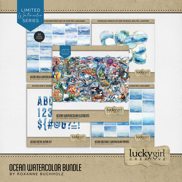 Capture all your beach and ocean activities with these beautiful watercolor embellishments, papers, and alpha set by Lucky Girl Creative digital art. Great for layering on beach, ocean, sea, pool, swimming, travel, sailing, and tropical vacation pages - the Caribbean Islands, Great Barrier Reef, Hawaii, and more! Embellishments include Beluga whale, pelican, seagull, crab, dolphin, fish, tuna, swordfish, lionfish, skate, tropical, jellyfish, lobster, sea turtle, manatee, manta ray, octopus, and more.
