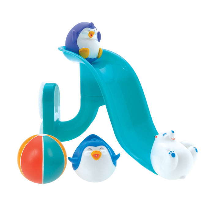 Three toy animals—a polar bear and two penguins—are playing with the Penguin Slide Squirt Bath Toy, which features a blue slide and colorful beach ball. One penguin sits atop the slide while the polar bear waits below for bath time fun.
