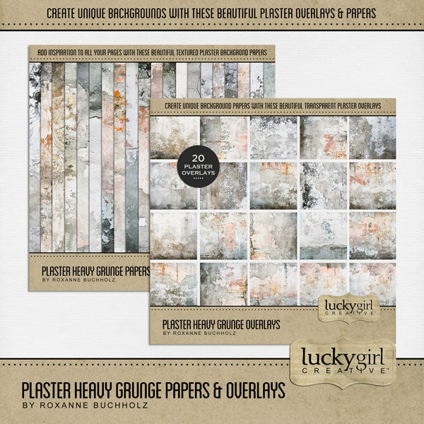 Add transparent rustic grunge plaster overlays and textured papers by Lucky Girl Creative digital art to all your digital scrapbooking pages! Try layering over different colored digital papers to create a one-of-a-kind look. Great for travel, historic sites, vacations, family history, heritage, genealogy, and more!