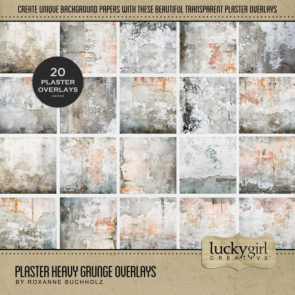 Add transparent rustic grunge plaster overlays by Lucky Girl Creative digital art to all your digital scrapbooking pages! Try layering over different colored digital papers to create a one-of-a-kind look. Great for travel, historic sites, vacations, family history, heritage, genealogy, and more! This kit is included in the Plaster Heavy Grunge Papers & Overlays Kit.