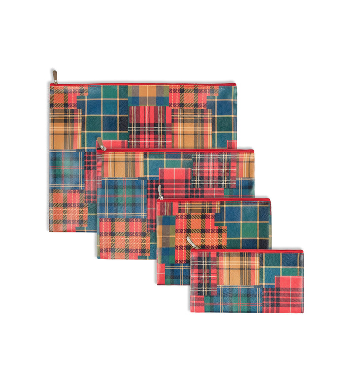 Tartan check fabric pouches set of 4 with zip closures and metal tabs