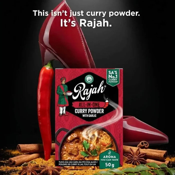 Rajah Curry Powder All in One 100g pack with natural blend of garlic, cumin, and cayenne spices for authentic Indian flavor