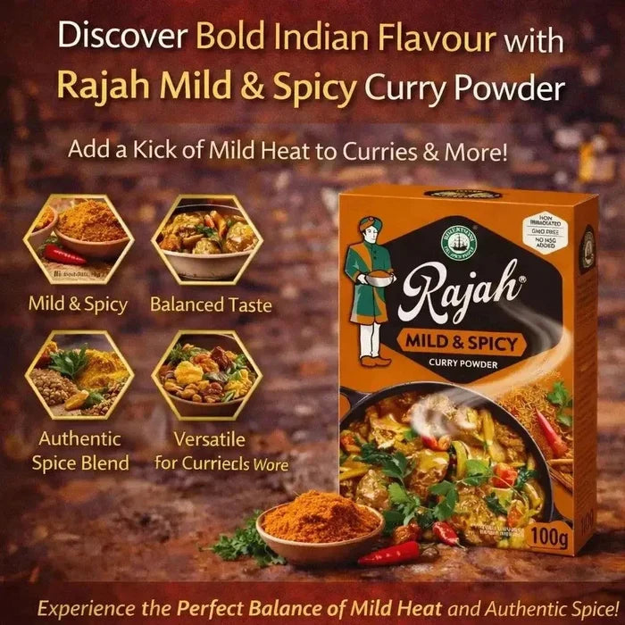 Rajah Curry Powder mild and spicy 100g pack for authentic Indian cuisine and versatile cooking uses