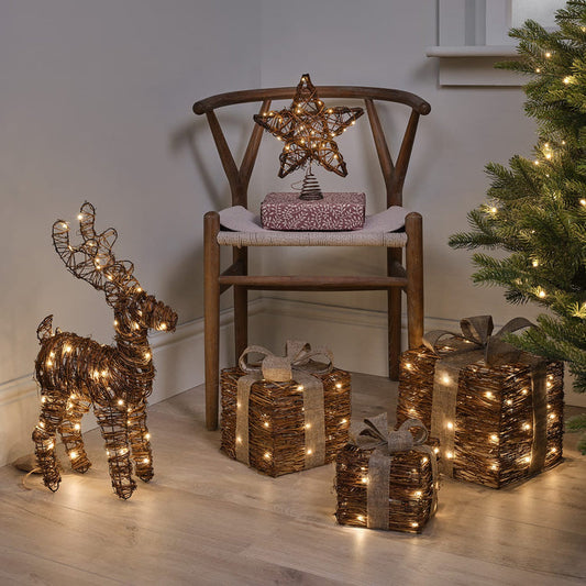 Rattan Battery Light Up Reindeer, Star Topper & Presents Bundle
