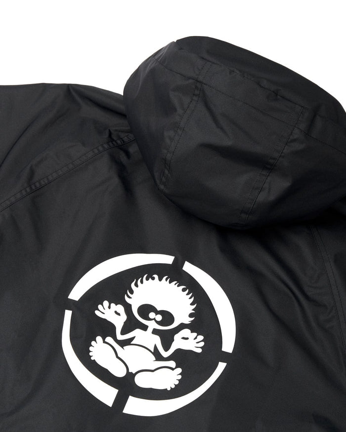 Recycled Kids Changing Robe - Black/Red by Saltrock, with a hood, featuring a white graphic of a seated cartoon figure with wild hair inside a circular design on the back, made from recycled materials.