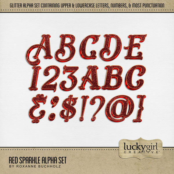 These red glitter alphabet and number digital scrapbooking embellishments by Lucky Girl Creative digital art are easy to use for everyday digital scrapbook page titles and special occasions such as Christmas memories with these beautiful red and green sparkle glitter alpha sets and Valentine's Day. The Red Sparkle Alpha Set consists of a full set of digital art uppercase alphabet letters A-Z, lowercase alphabet letters a-z, numbers 0-9, and most punctuation marks.