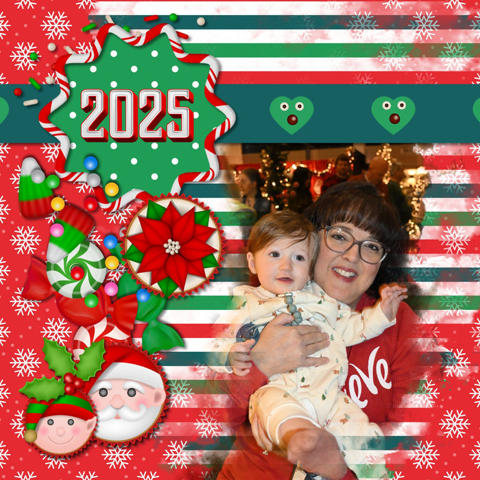 Add these sweet embellishments, bold patterned papers, clusters, and 2 alpha sets by Lucky Girl Creative digital art to all your holiday digital scrapbooking pages! In hues of red, green, and white, these sweet elements add so much fun to all your Christmas projects including greeting cards and holiday decor. Embellishments include cake pop, cake, candy cane, candy cane frames, heart, candy corn, gingerbread house, cookie, star, Christmas tree, cupcake, elf, penguin, Santa Claus, snowflake, wreath, and more
