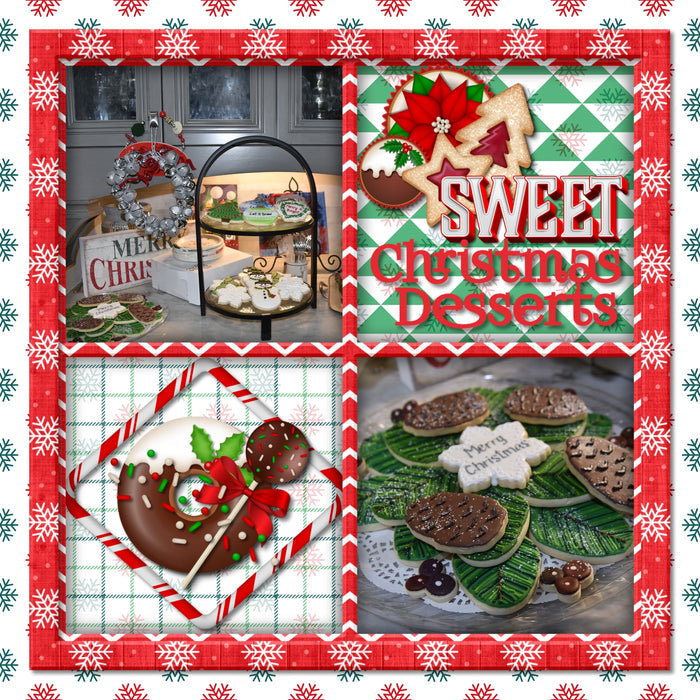 Add these sweet embellishments, bold patterned papers, clusters, and 2 alpha sets by Lucky Girl Creative digital art to all your holiday digital scrapbooking pages! In hues of red, green, and white, these sweet elements add so much fun to all your Christmas projects including greeting cards and holiday decor. Embellishments include cake pop, cake, candy cane, candy cane frames, heart, candy corn, gingerbread house, cookie, star, Christmas tree, cupcake, elf, penguin, Santa Claus, snowflake, wreath, and more
