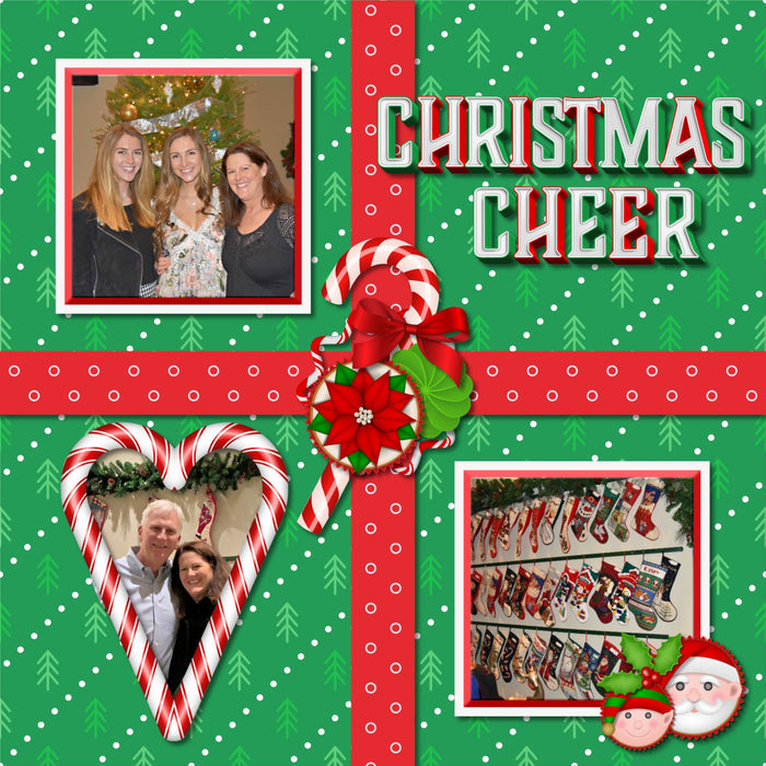 Add these sweet embellishments, bold patterned papers, clusters, and 2 alpha sets by Lucky Girl Creative digital art to all your holiday digital scrapbooking pages! In hues of red, green, and white, these sweet elements add so much fun to all your Christmas projects including greeting cards and holiday decor. Embellishments include cake pop, cake, candy cane, candy cane frames, heart, candy corn, gingerbread house, cookie, star, Christmas tree, cupcake, elf, penguin, Santa Claus, snowflake, wreath, and more