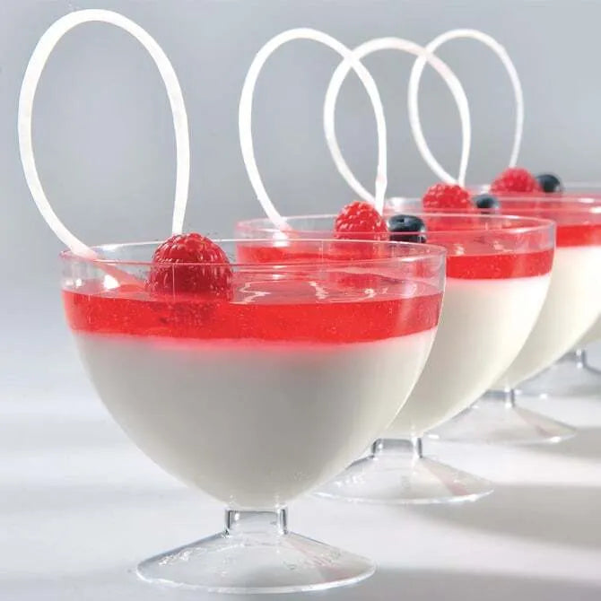 3 Round Goblet Glass with Base 5.92 oz. shot in sequence with pastry filling inside glass shot on white silo background.
