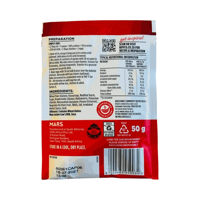 Royco Traditional Bobotie Cook-in Sauce 50g pack for South African bobotie meal preparation