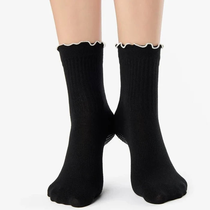 Ruffle Ankle Grip Socks for Workouts - Black