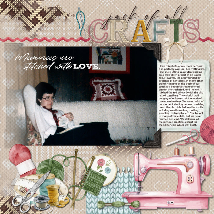 Whether you love to stitch or sew, these digital scrapbooking embellishments, clusters, and word art by Lucky Girl Creative digital art will help you document your favorite hobby or craft - crochet, embroider, cross stitch, sew, knit, or craft with fabric. Embellishments include yarn, wicker basket, clothes, socks, sweater, cotton, crochet flowers, crocket hook, embroidery basket, embroidered flowers, embroidery hoop, thread, floss, fabric, seamstress, material, arm chair, heart, knitting basket, and more.