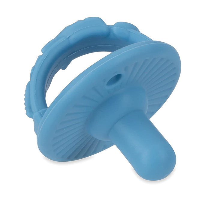 A blue Sili Soother Pacifier (2 Pack) made of silicone, with a textured handle and round shield, shown against a white background.