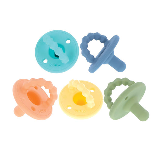 The Silicone Softees Pacifier & Teether (5 Pack) includes pastel peach, blue, yellow, green, and purple pacifiers with textured ring handles, ideal for soothing babies and doubling as gentle teethers.
