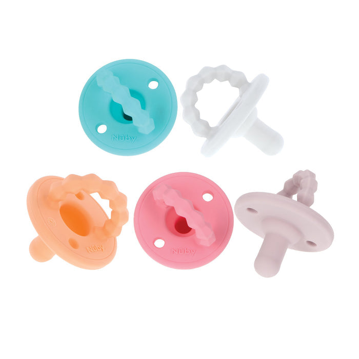 The Silicone Softees Pacifier & Teether (5 Pack) features pastel blue, pink, peach, purple, and white silicone pacifiers with round guards and textured looped handles, arranged on a white background.