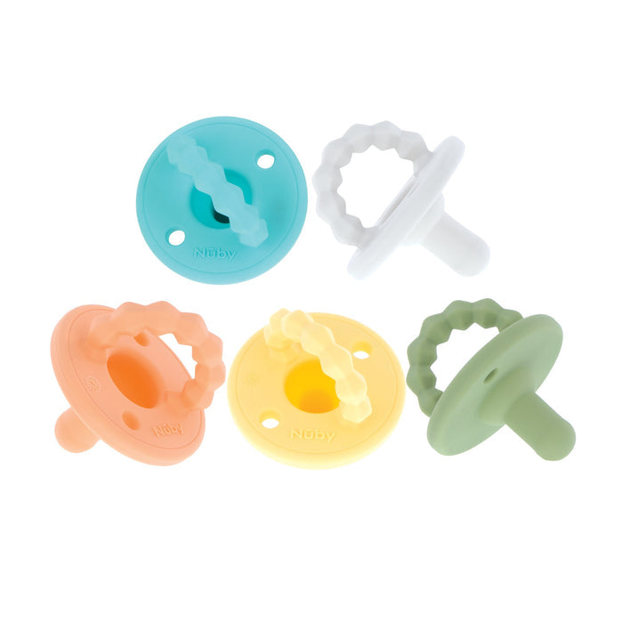 The Silicone Softees Pacifier & Teether (5 Pack) features pastel blue, white, green, yellow, and orange pacifiers with round shields and textured handles for comfort, displayed on a white background.