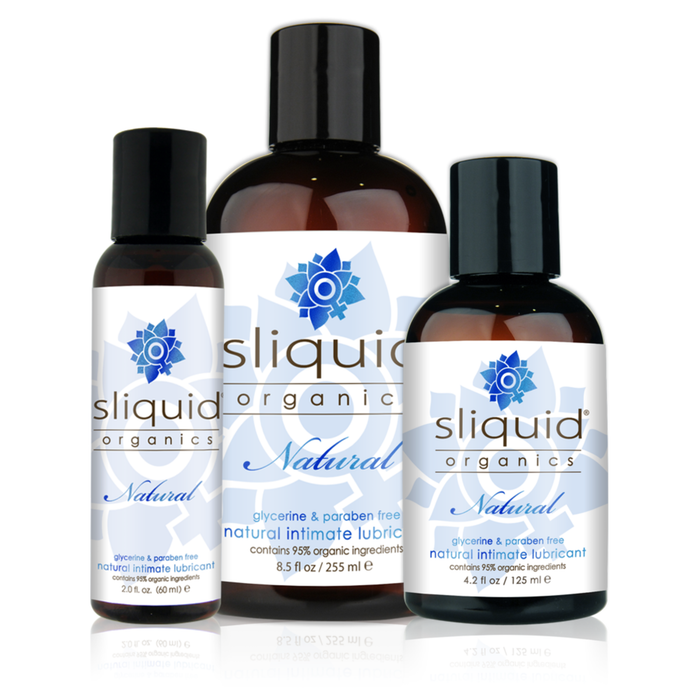 An image of Sliquid Organics Natural in bottles of 60ml, 125ml, and 255ml.