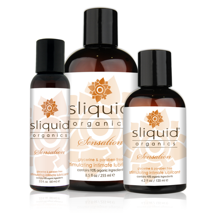 An image of Sliquid Organics Sensation in bottles of 60ml, 125ml, and 255ml.