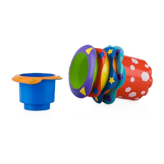 The Splish Splash Stacking Cups - 5 pack features colorful cups with stars and geometric shapes, including blue with orange rim, red, purple, green, yellow, and blue parts—perfect bath toys to support baby development.