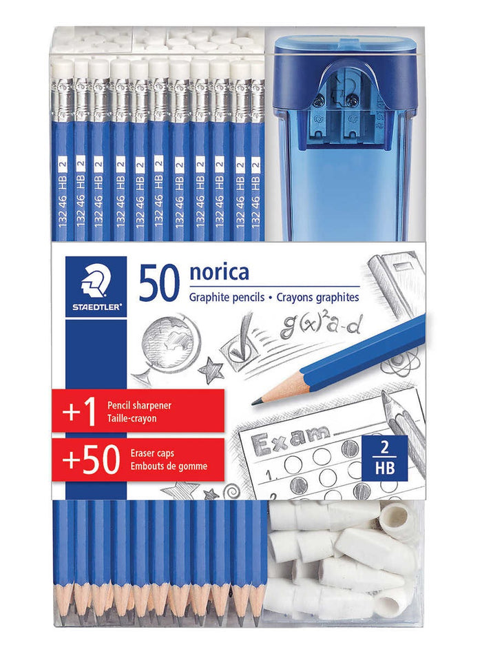 Staedtler Pencils Norica Graphite HB2 Graphic 101 Piece 50 Pencils + 1 Pencil Sharpener + 50 Eraser Caps HB