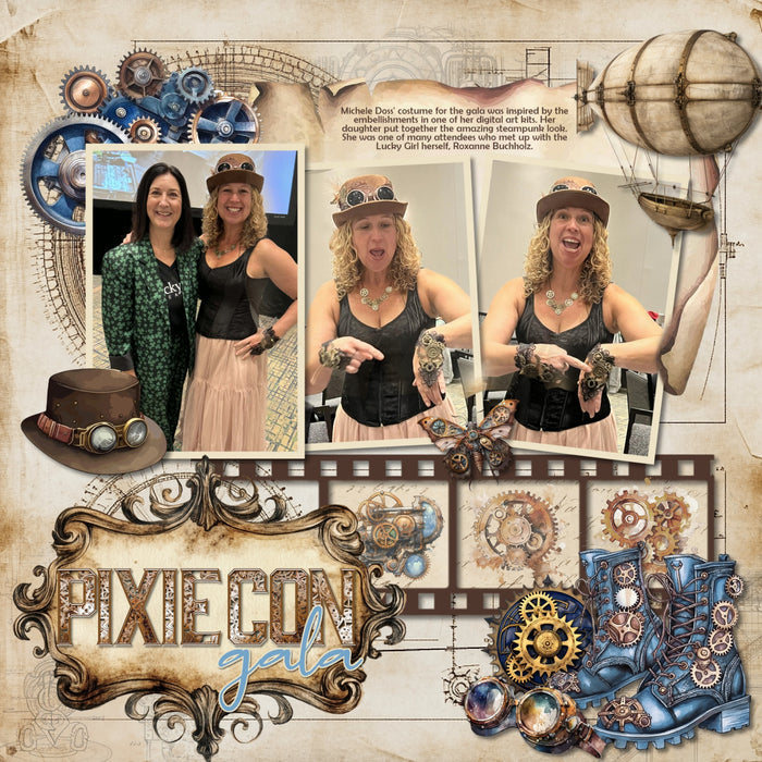 Travel through a retro-futuristic subgenre of science fiction with these industrial inspired steampunk digital scrapbooking watercolor embellishments, papers, photo masks, and 2 alpha sets by Lucky Girl Creative digital art. Filled with mechanical gears, futuristic yet retro embellishments and machines, invention patent papers, and more, this bundle is perfect for documenting punk rock, cosplay or steampunk conventions, or anyone who loves building gadgets, tinkering in the garage, visits to the museum.