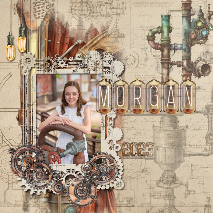 Travel through a retro-futuristic subgenre of science fiction with these industrial inspired steampunk digital scrapbooking watercolor embellishments, papers, photo masks, and 2 alpha sets by Lucky Girl Creative digital art. Filled with mechanical gears, futuristic yet retro embellishments and machines, invention patent papers, and more, this bundle is perfect for documenting punk rock, cosplay or steampunk conventions, or anyone who loves building gadgets, tinkering in the garage, visits to the museum.