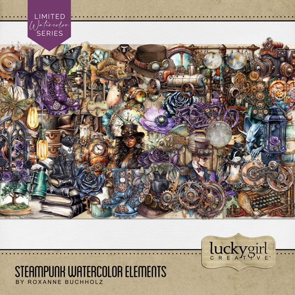 Travel through a retro-futuristic subgenre of science fiction with these industrial inspired steampunk digital scrapbooking watercolor embellishments by Lucky Girl Creative digital art. This collection is perfect for documenting steampunk conventions, anyone who loves building gadgets, tinkering in the garage, visits to the museum, and vintage family history pages. Embellishments include hot air balloon, airship, butterfly, moth, crow, fish, kitty cat, penguin, crypt, automobile, and steam engine train.