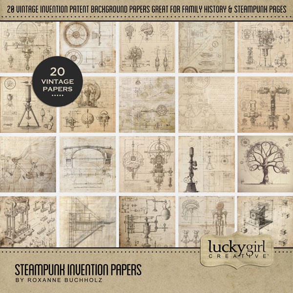 Travel through a retro-futuristic subgenre of science fiction with these industrial inspired steampunk invention and patent digital scrapbooking background papers by Lucky Girl Creative digital art. This paper pack is perfect for documenting steampunk conventions, anyone who loves building gadgets, tinkering in the garage, visits to the museum, and vintage family history pages. This kit is included in the Steampunk Watercolor Bundle.