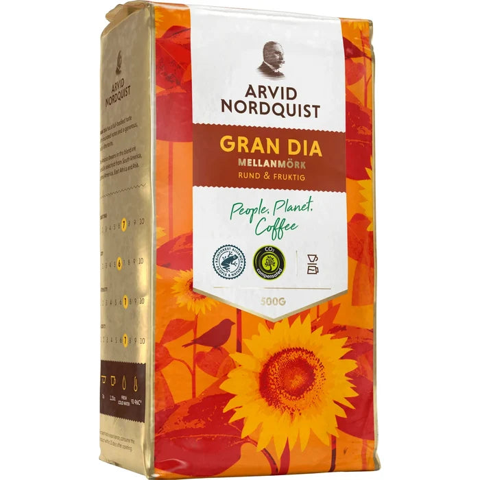 Arvid Nordquist Gran Dia Mellanmörk ground coffee 500g in orange and gold sunflower packaging – round and fruity Swedish medium-dark roast, Rainforest Alliance certified, included in the Swedish Coffee Taste Box Small from Swedish Cravings