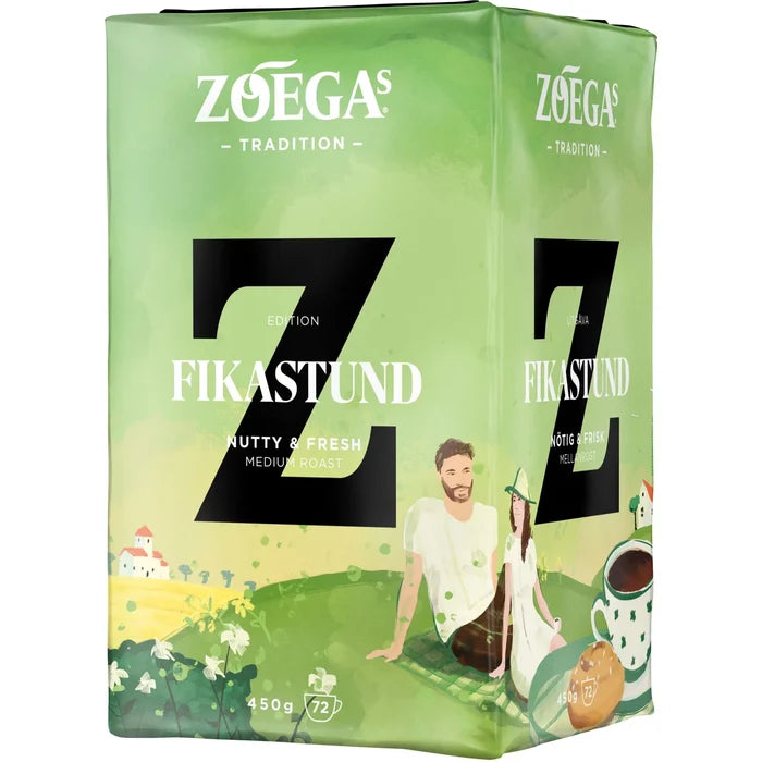Zoégas Fikastund ground coffee 450g in light green packaging – nutty and fresh Swedish medium roast fika coffee, 72 cups, included in the Swedish Coffee Taste Box Small from Swedish Cravings
