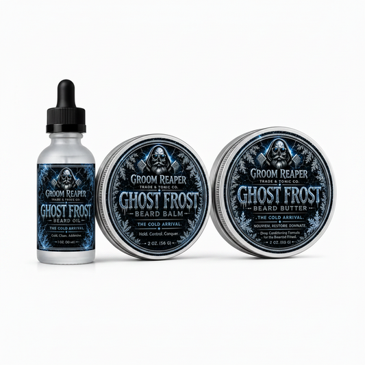 Groom Reaper Ghost Frost 3-Piece Beard Care Set – The Cold Ritual – the cold arrival – beard oil 1 oz, beard balm 2 oz, beard butter 2 oz – cold clean addictive vanilla mint scent – small-batch beard care bundle for men