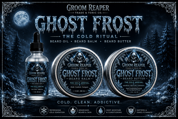 Ghost Frost The Cold Ritual – Oil Balm Butter – cold clean addictive – cold and crisp invigorating scent that awakens, deep moisture nourishes and hydrates from root to tip, softens and tames leaves your beard silky smooth, built for the cold ritual legendary results – Ghost Frost Beard Oil 1 oz Beard Balm 2 oz Beard Butter 2 oz – Groom Reaper Trade & Tonic Co.