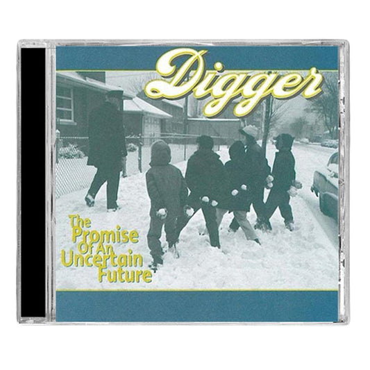 Digger’s sophomore album features a pop punk CD cover with six kids in winter clothes holding snowballs in a snowy neighborhood, and the title, The Promise of an Uncertain Future, in yellow text on the left.