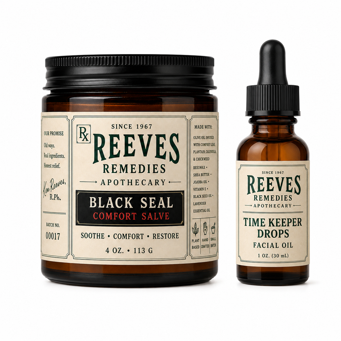 "Reeves Remedies Apothecary Time Keeper Pack – Black Seal Comfort Salve 4 oz jar and Time Keeper Drops Facial Oil 1 oz dropper bottle – plant-based small-batch skincare bundle"