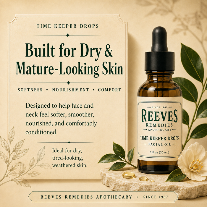 "Time Keeper Drops Facial Oil – built for dry and mature-looking skin – softness, nourishment, and comfort for face and neck"