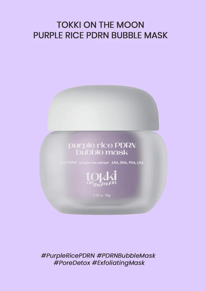 Tokki on the Moon Purple Rice PDRN Bubble Mask in a frosted glass jar with a white lid, centered on a light purple background with text above and below.