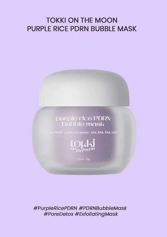 Tokki on the Moon Purple Rice PDRN Bubble Mask in a frosted glass jar with a white lid, centered on a light purple background with text above and below.