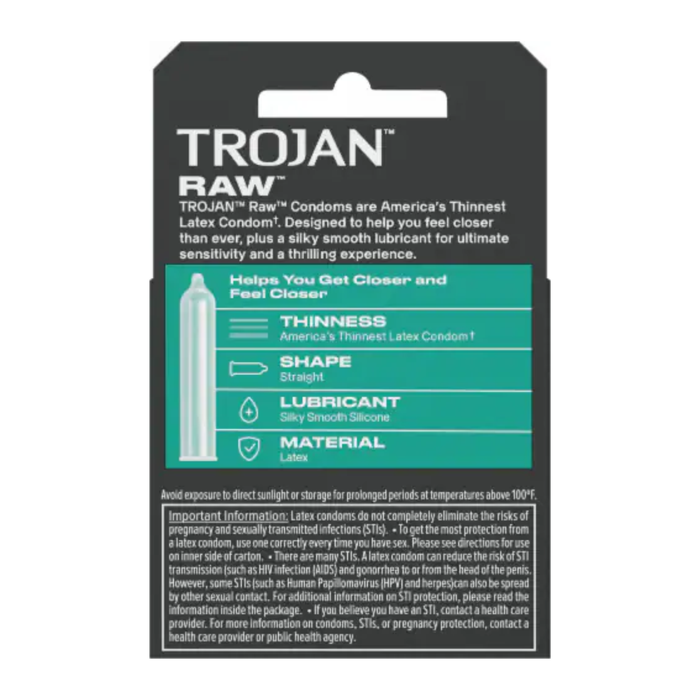 The back of the Trojan Raw 3-pack condom box on a white background. It features product details under the headline "TROJAN™ RAW™." A teal infographic box displays a translucent diagram of a straight-shaped condom alongside a feature checklist: "THINNESS: America's Thinnest Latex Condom," "SHAPE: Straight," "LUBRICANT: Silky Smooth Silicone," and "MATERIAL: Latex." Warnings regarding temperature storage and an "Important Information" block about STI and pregnancy prevention occupy the bottom half.